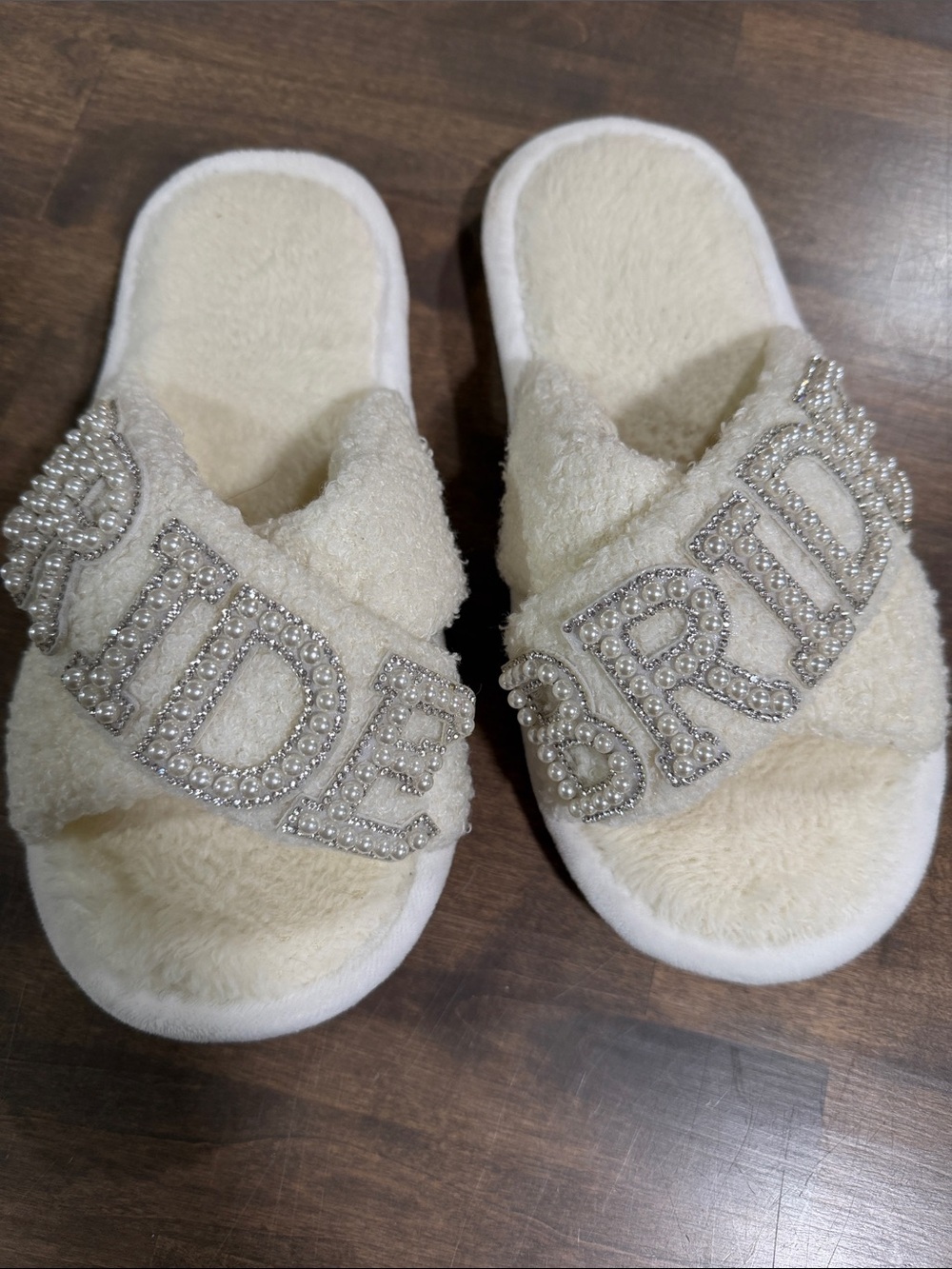 Beige Faux Fur Slide Sandals with Crystal 'BRIDE' Accent